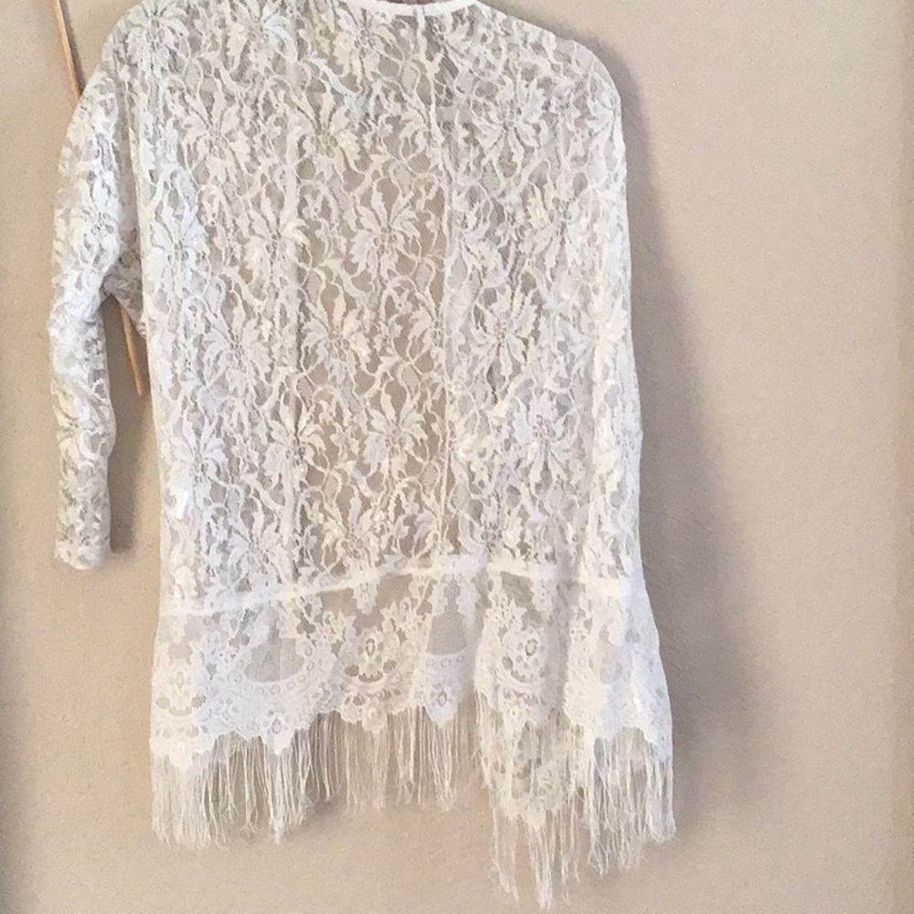SHEER OPEN LACE WHITE ROBE with fringe detailed hem Never worn, no snags. XS/S - Picture 4 of 4
